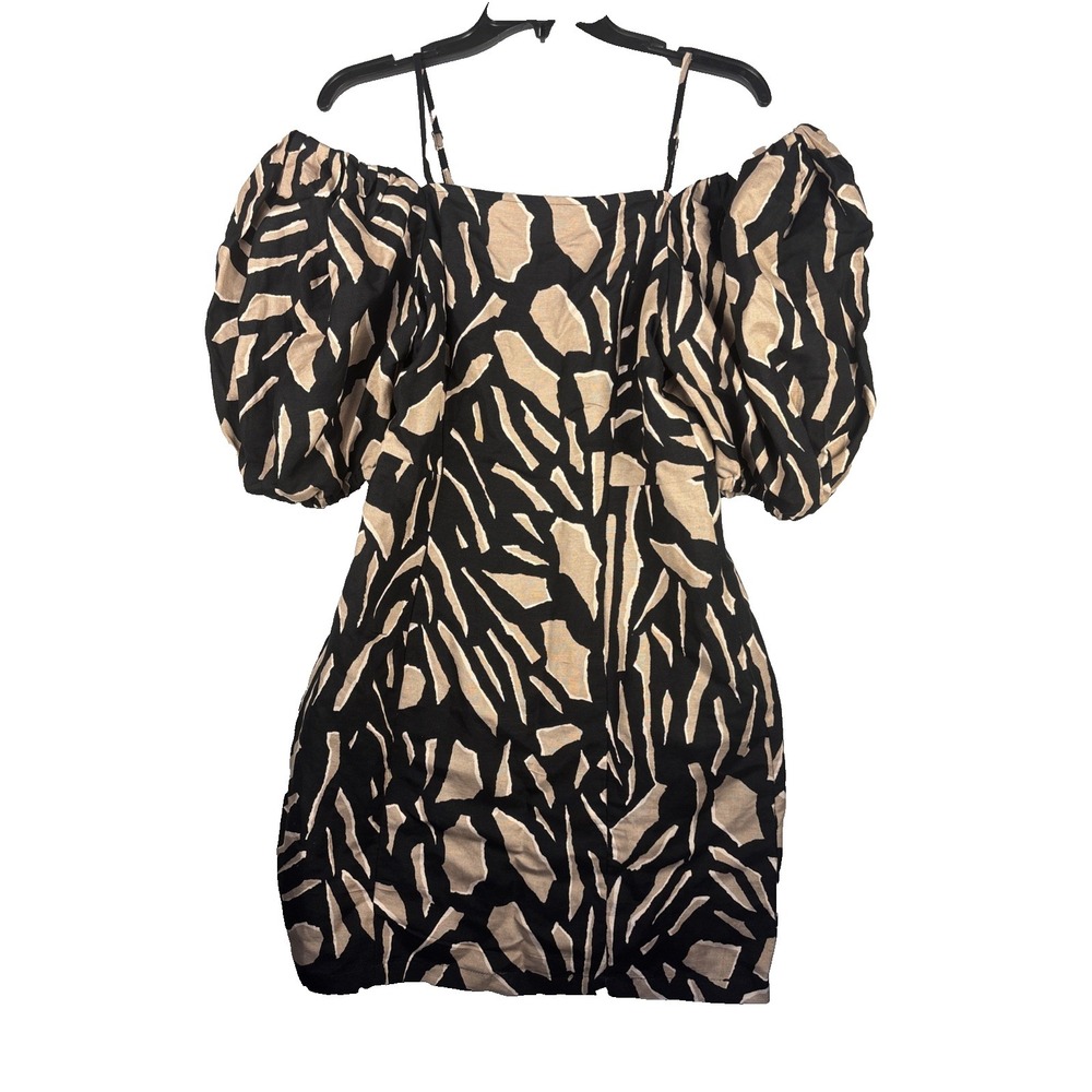 DKNY Printed Linen Blend Balloon Sleeve Off Shoulder Graphic Top Dress Small